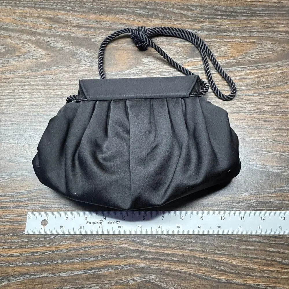 Vintage Nordstrom Black Satin Evening Purse Gold Pearl Clasp Rope Strap Hongkong